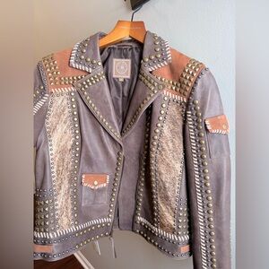 Double D Ranch Studded Leather Jacket in Gray and Tan